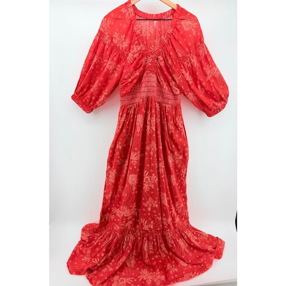Free People Golden Hour Red Floral Boho Maxi Dress M Cottagecore Romantic - Picture 2 of 10